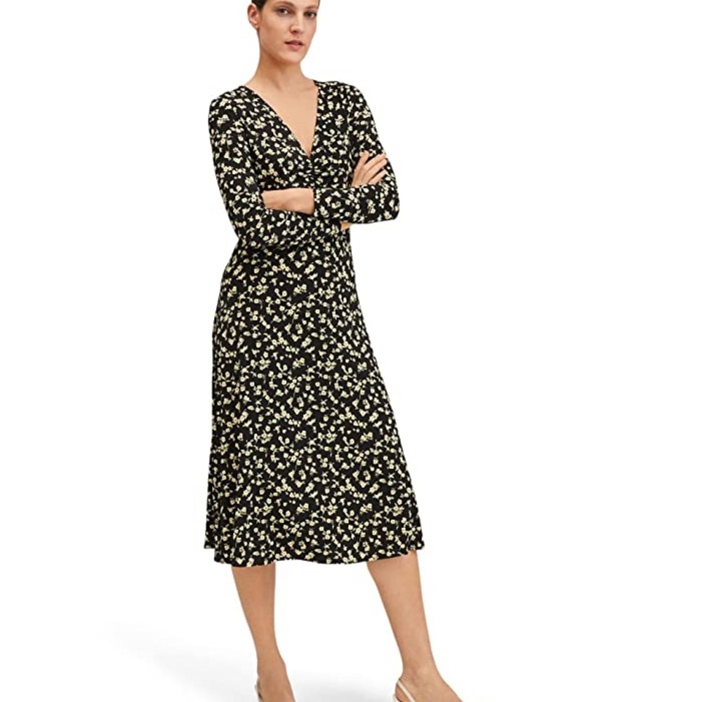 Mango Floral Printed Ruched Midi Dress